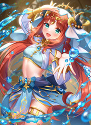  absurdres arm_up bloomers blue_gemstone blue_nails blue_skirt blush bracer breasts brooch circlet commentary_request crop_top detached_sleeves fake_horns female gem genshin_impact gold_trim green_eyes hand_up harem_outfit highres horns jewelry long_hair long_sleeves looking_at_viewer low_twintails neck_ring nilou_(genshin_impact) open_mouth parted_bangs red_hair sidelocks skirt small_breasts smile solo stomach thighlet twintails umishima_rinta underwear veil water white_bloomers white_veil 