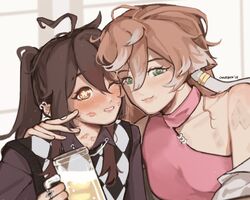  2girls antlers blush brown_eyes brown_hair chair_bun closed_mouth cup ear_piercing flower-shaped_pupils genshin_impact highres holding holding_cup horns hu_tao_(genshin_impact) lipstick_mark lipstick_mark_on_face lipstick_mark_on_neck mug multiple_girls parted_lips piercing pink_hair symbol-shaped_pupils yanfei_(genshin_impact) yuri 