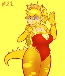  2021 anthro big_breasts blonde_hair blue_eyes bowser bowsette_meme bracelet breasts cleavage_cutout clothing collar crown cutout digital_drawing_(artwork) digital_media_(artwork) dressuptober fangs female hair headgear hi_res jewelry junkedart koopa leggings legwear leotard mario_bros meme monochrome nintendo portrait princess_koopa rule_63 scalie shell smile solo spiked_bracelet spiked_collar spiked_hair_accessory spiked_shell spiked_tail spikes spikes_(anatomy) super_crown tail teeth three-quarter_portrait torn_clothing torn_leggings torn_legwear yellow_body 