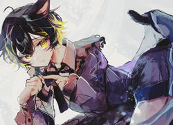  1boy absurdres animal_ears black_hair black_jacket black_shorts blonde_hair cat_boy cat_ears cat_tail crying grey_background highres jacket long_sleeves looking_at_viewer male_focus multicolored_hair original pale_skin short_shorts shorts solo tail tears u-sama_(u_summer0719) yellow_eyes 