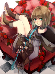  1boy :o boots brown_footwear brown_gloves brown_hair brown_hood chair checkered_floor choker flower full_body gloves green_eyes gretel_(sinoalice) hair_between_eyes highres long_sleeves looking_at_viewer male_focus open_mouth otoko_no_ko red_flower red_rose rico_tta rose short_hair sinoalice sitting solo teeth 