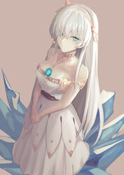  absurdres anastasia_(fate) bare_shoulders blue_eyes breasts cleavage collarbone dh_ead dress fate/grand_order fate_(series) female hair_over_one_eye hairband highres ice jewelry large_breasts long_hair looking_at_viewer neck_ring necklace pendant solo very_long_hair white_dress white_hair 