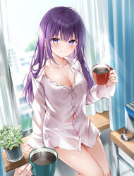  arm_support breast_pocket breasts button_gap cleavage closed_mouth coffee coffee_mug collarbone collared_shirt commentary_request cup curtains day dress_shirt female hand_up higeneko highres holding holding_cup indoors jewelry large_breasts long_hair long_sleeves looking_at_viewer mug naked_shirt navel original out_of_frame plant pocket potted_plant pov pov_hands purple_eyes purple_hair ring shirt sitting smile solo_focus sunlight thighs white_shirt window 