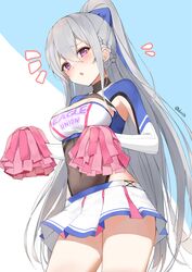  :o ^^^ armpit_cutout azur_lane black_leotard blue_bow blush bow braid breasts casablanca_(azur_lane) casablanca_(cheer_squad_on_break)_(azur_lane) cheerleader cleavage cleavage_cutout clothing_cutout covered_navel dorok female flying_sweatdrops from_below grey_hair hair_between_eyes hairbow high_ponytail highres holding leotard leotard_under_clothes long_hair long_sleeves looking_at_viewer looking_down medium_breasts miniskirt official_alternate_costume open_mouth pleated_skirt pom_pom_(cheerleading) skirt solo straight_hair two-tone_background very_long_hair white_skirt 