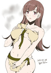  breasts brown_eyes brown_hair collarbone commission cowboy_shot female highres kantai_collection long_hair looking_at_viewer navel ooi_(kancolle) ooi_kai_ni_(kancolle) panties sailor_collar school_uniform serafuku skirt solo taira_yuuki torn_clothes underboob underwear white_panties yellow_sailor_collar yellow_serafuku yellow_skirt 