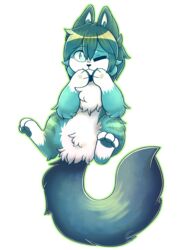  absurd_res alpha_channel belly_fluff black_nose domestic_cat featureless_crotch felid feline felis feral fur green_body green_eyes green_fur green_hair hair half-closed_eyes hi_res inner_ear_fluff looking_at_viewer male mammal moontiide narrowed_eyes pawpads paws riefi simple_background solo transparent_background tuft white_body white_fur 