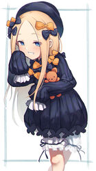  abigail_williams_(fate) black_bow black_dress black_hat blonde_hair bloomers blue_eyes blush bow breasts dress fal_(fal-se-0) fate/grand_order fate_(series) female forehead grin hairbow hat highres holding holding_stuffed_toy long_hair long_sleeves looking_at_viewer multiple_hair_bows orange_bow parted_bangs polka_dot polka_dot_bow ribbed_dress simple_background sleeves_past_fingers sleeves_past_wrists small_breasts smile solo stuffed_animal stuffed_toy teddy_bear underwear white_background white_bloomers 