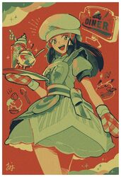  :d apron black_hair border buttons chef_hat commentary_request dawn_(palentine&#039;s_2021)_(pokemon) dawn_(pokemon) dress drinking_straw female glass grey_eyes hair_ornament hairclip hat holding holding_tray long_hair official_alternate_costume omyo_(myomyomyo22) open_mouth oven_mitts pokemon pokemon_masters_ex short_sleeves sidelocks signature smile solo sparkle spoon teeth tongue tray upper_teeth_only white_border white_hat 