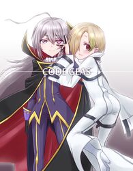  2girls ass bags_under_eyes black_gloves blonde_hair bodysuit brown_eyes c.c. c.c._(cosplay) cape code_geass commentary_request cosplay dokudoku913 geass gloves green_hair grey_eyes grey_hair hair_over_one_eye highres hoshi_syoko idolmaster idolmaster_cinderella_girls lelouch_vi_britannia lelouch_vi_britannia_(cosplay) long_hair looking_at_viewer multicolored_hair multiple_girls shirasaka_koume short_hair sleeves_past_wrists smile straitjacket two-tone_hair white_bodysuit zero_(code_geass) 