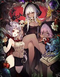  4girls animal_ears bare_shoulders bat_(animal) black_legwear blue_eyes blunt_bangs blush blush_stickers book breasts brown_eyes chobi_(sakuyasakuhana) claw_pose closed_mouth commentary_request covered_nipples crack cross crossed_legs crown dark-skinned_female dark_skin demon dungeon_maker fingernails floating garter_straps grey_hair highres holding holding_skull holding_staff horns lingerie long_fingernails long_hair monster monster_girl multiple_girls nipple_slip nipples oerba_yun_fang open_book open_mouth parted_lips partial_commentary pink_hair pink_nails pointy_ears ponytail purple_eyes red_eyes sharp_teeth short_hair silk sitting skull slime_(substance) slime_girl slit_pupils smile spider_web staff teeth underboob underwear white_hair yellow_eyes 