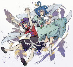  2girls :d aqua_dress arms_up bad_id bad_twitter_id belt black_skirt blue_eyes blue_hair breasts closed_mouth commentary_request dress flat_chest flower full_body hagoromo hair_ornament hair_rings hair_stick hand_on_another&#039;s_head hat_ornament holding_shawl jiangshi kaku_seiga looking_at_another medium_breasts miyako_yoshika multiple_girls ofuda open_clothes open_mouth open_vest outstretched_arms pink_flower pointy_ears puffy_short_sleeves puffy_sleeves purple_eyes purple_hair red_shirt shawl shirt short_hair short_sleeves simple_background skirt smile star_(symbol) star_hat_ornament syuri22 touhou vest white_background white_vest zombie_pose 