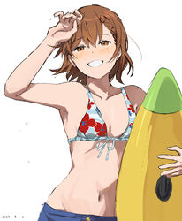  absurdres arm_up bikini blush breasts brown_eyes brown_hair dated female front-tie_bikini_top front-tie_top hair_between_eyes highres holding looking_at_viewer medium_hair misaka_mikoto navel official_alternate_costume parted_lips small_breasts smile solo stomach swimsuit takatisakana toaru_kagaku_no_railgun toaru_majutsu_no_index toaru_majutsu_no_index:_imaginary_fest upper_body white_background 