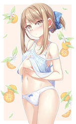  bare_shoulders blush bow bra breasts brown_eyes brown_hair camisole closed_mouth collarbone female folded_ponytail food fruit hairbow highres ina_(inadahime) mandarin_orange navel original panties see-through see-through_camisole simple_background small_breasts solo spaghetti_strap standing strap_slip tsubaki-chan_(ina_(inadahime)) underwear white_panties 