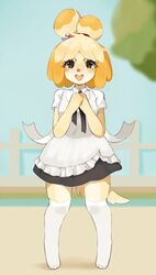  alternative_fashion animal_crossing anthro breasts canid canine canis clothed clothing digital_media_(artwork) domestic_dog eyelashes female fence footwear fredek666 full-length_portrait fully_clothed hi_res isabelle_(animal_crossing) j-fashion legwear lolita_(fashion) looking_at_viewer maid_uniform mammal nintendo open_mouth outside paws plant portrait shaded shih_tzu shiro_lolita socks solo standing toy_dog tree uniform white_clothing white_footwear white_knee_highs white_knee_socks white_legwear white_socks 