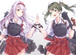  2girls ;d absurdres arrow_(projectile) bad_id bad_pixiv_id blush bow brown_eyes brown_gloves cowboy_shot eye_contact gloves green_eyes green_hair grey_hair hair_ribbon hairband hakama hakama_skirt highres holding_hands japanese_clothes kantai_collection kimono long_hair looking_at_another multiple_girls muneate one_eye_closed open_mouth partially_fingerless_gloves quiver red_bow red_hairband red_hakama red_ribbon ribbon rigging sa-ya2 short_sleeves shoukaku_(kancolle) shoukaku_kai_ni_(kancolle) simple_background single_glove skirt smile tasuki twintails white_background white_kimono white_ribbon yugake zuikaku_(kancolle) zuikaku_kai_ni_(kancolle) 