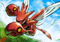  blurry cloud commentary_request day falling_leaves glint grass kaosu_(kaosu0905) leaf motion_blur no_humans orange_eyes outdoors pokemon pokemon_(creature) scizor signature sky solo 