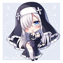  black_dress black_footwear blue_eyes blush breasts chibi cleavage closed_mouth commentary_request cross dress female finger_to_mouth frilled_dress frills full_body grey_background grey_hair habit hair_over_one_eye hand_up high_heels latin_cross long_hair looking_at_viewer medium_breasts mitsuba_choco nun original shoes shushing side_slit sister-chan_(mitsuba_choco) smile solo sparkle standing thighhighs twitter_username two-tone_background veil very_long_hair white_background white_thighhighs 