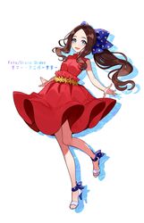  absurdres blue_bow blue_eyes blush bow breasts brown_hair d&#039;orsay_heels dress fate/grand_order fate_(series) female forehead full_body hairbow high_heels highres leonardo_da_vinci_(fate) leonardo_da_vinci_(rider)_(fate) leonardo_da_vinci_(summer_anniversary)_(fate) long_hair looking_at_viewer open_mouth parted_bangs ponytail red_dress sandals small_breasts smile solo yuu_(higashi_no_penguin) 