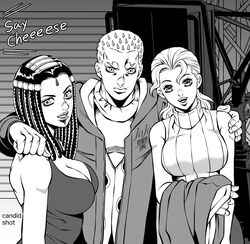  1boy 2girls breasts cleavage closed_mouth coat ermes_costello facial_mark gloria_costello hands_on_another&#039;s_shoulder holding jojo_no_kimyou_na_bouken kid_(kidocchi) large_breasts long_hair monochrome multiple_girls parted_lips short_hair siblings sisters sleeveless sleeveless_sweater sleeveless_turtleneck smile sports_max stone_ocean sweater translation_request turtleneck 