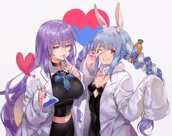  2girls absurdres animal_ears blue_hair blue_nails braid breasts carrot_hair_ornament choker cleavage colored_inner_hair crop_top don-chan_(usada_pekora) earrings finger_to_mouth food-themed_hair_ornament gradient_hair hair_ornament highres hololive hololive_indonesia jewelry lab_coat large_breasts moona_hoshinova moona_hoshinova_(1st_costume) multicolored_hair multiple_girls navel one_eye_closed orange_eyes purple_eyes purple_hair purple_nails rabbit_ears rabbit_girl ribbon sagta_panggang sleeves_past_fingers sleeves_past_wrists small_breasts starry_hair streaked_hair turing_love twin_braids upper_body usada_pekora usada_pekora_(1st_costume) v v_over_eye virtual_youtuber 