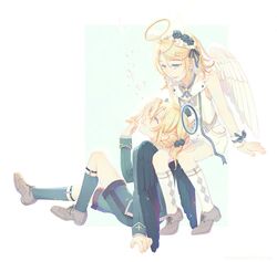  1boy angel angel_wings bangs blonde_hair blue_eyes blue_jacket blue_legwear blue_shorts bow bubble chinese_commentary collared_shirt commentary_request female flower grey_footwear hair_flower hair_ornament hairbow hairclip halo jacket kagamine_len kagamine_rin kneehighs looking_at_another looking_down looking_up parted_lips ribbon shirt short_hair short_ponytail short_shorts shorts sitting sleeveless sleeveless_shirt smile sock_garters striped striped_ribbon swept_bangs vocaloid w.r.b white_bow white_legwear white_shirt white_shorts wings wrist_cuffs 