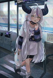  absurdres ahoge alternate_costume black_choker black_shorts blush braid choker convenience_store demon_horns female grey_hair hair_between_eyes highres hololive horns la+_darknesss layered_sleeves long_hair long_sleeves looking_at_viewer mask mask_pull mouth_mask multicolored_hair nemuta_muu open_mouth outdoors print_shirt purple_hair sandals shirt shop short_over_long_sleeves short_sleeves shorts socks solo streaked_hair very_long_hair virtual_youtuber walking white_shirt white_socks yellow_eyes 