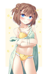  ass_visible_through_thighs bare_arms blue_eyes bow bra breasts brown_hair closed_mouth collarbone dress female green_dress hair_bun hair_ornament highres ina_(inadahime) navel original panties simple_background small_breasts smile solo underwear yellow_bra yellow_panties 