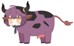  animal_ears arknights bovine brown_eyes commentary cow_ears cow_horns cow_tail english_commentary female highres horns naga_u_(style) necktie open_mouth ponyupdaddy purple_hair short_hair sideroca_(arknights) simple_background solo tail udder white_background 