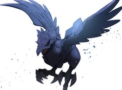  bird black_sclera blurry colored_sclera commentary_request corviknight morio_(poke_orio) no_humans open_mouth pokemon pokemon_(creature) red_eyes solo talons 