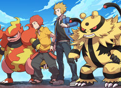  2boys afro baggy_pants black_shirt blonde_hair blue_eyes blue_jacket closed_mouth cloud collared_shirt commentary day electivire flint_(pokemon) grey_eyes grey_footwear hand_on_own_hip hand_up jacket long_sleeves magmortar male_focus multiple_boys open_clothes open_jacket outdoors pants pokemon pokemon_(creature) pokemon_dppt red_hair sandals shirt shoes short_sleeves sky smile spiked_hair standing symbol-only_commentary teeth tsukumo_(shiro_bnal) volkner_(pokemon) 