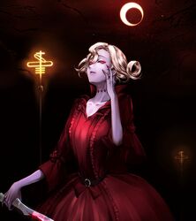  blonde_hair blood blood_on_weapon broken_glass colored_sclera dress female glass glass_shard glass_shards hand_up highres holding holding_glass_shard holding_knife identity_v knife lamppost mary_(identity_v) moon night night_sky outdoors pale_skin red_dress red_sclera short_hair sky solid_eyes solo standing utsuginoki weapon 