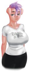  2020 akiric anthro big_breasts blue_eyes breasts clothed clothing domestic_pig english_text female hair half-closed_eyes hi_res looking_at_viewer mammal narrowed_eyes purple_hair shirt simple_background solo standing suid suina sus_(pig) t-shirt text topwear white_background 