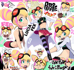  belt bikini bikini_top_only black_belt black_bikini blonde_hair blush_stickers breasts character_name closed_mouth commentary_request copyright_name cup english_text female gloves goggles goggles_on_head green_eyes green_gloves grin gyari_(imagesdawn)_(style) highres holding holding_cup hot_chocolate ingen_(ingen-godzzila) lab_coat looking_at_viewer lucia_fex medium_hair midriff mug multicolored_hair multiple_views nandemo_iu_koto_wo_kiite_kureru_akane-chan_(voiceroid) navel open_mouth orange-tinted_eyewear parody pink_hair pink_skirt promare simple_background skirt small_breasts smile striped_clothes striped_thighhighs swimsuit tengen_toppa_gurren_lagann thighhighs tinted_eyewear translation_request two-tone_hair 