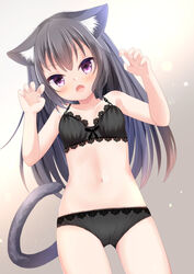  animal_ears black_hair black_panties breasts cat_ears cat_girl cat_tail claw_pose cleavage collarbone commentary_request female gradient_background hair_between_eyes highres long_hair looking_at_viewer midriff navel original panties purple_eyes sidelocks simple_background solo tail umi_suzume underwear underwear_only 