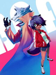  1boy animal_ears body_fur brand_new_animal brown_fur dolphin_shorts female furry furry_female furry_male hand_up hands_in_pockets highres jacket kagemori_michiru kunitarou-art ogami_shirou raccoon_ears raccoon_girl raccoon_tail red_jacket shirt shoes shorts tail track_jacket two-tone_fur white_footwear white_shirt wolf_boy 