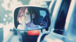  blue_eyes blurry blurry_background brown_hair car female head_rest highres kunitarou-art motor_vehicle original rear-view_mirror reflection shirt short_hair solo traffic traffic_jam white_shirt 