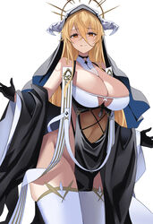  absurdres azur_lane bare_shoulders black_gloves blonde_hair breast_cutout breasts cleavage covered_navel crossed_bangs detached_sleeves female gloves habit hair_between_eyes halterneck heart heart-shaped_pupils highres horns implacable_(azur_lane) large_breasts long_bangs long_hair looking_at_viewer nun orange_eyes soar_sora222 solo symbol-shaped_pupils thighhighs tongue tongue_out two-tone_dress very_long_hair white_thighhighs 