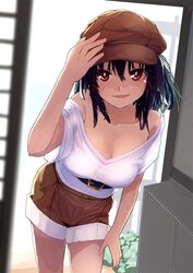  bare_shoulders belt black_belt black_hair breasts brown_eyes brown_hat brown_shorts cabbie_hat cleavage commentary_request female flat_cap futatsuki_eru hand_on_headwear hat highres leaning_forward looking_at_viewer off-shoulder_shirt off_shoulder open_mouth shameimaru_aya shameimaru_aya_(newsboy) shirt short_hair short_sleeves shorts smile solo touhou white_shirt 