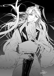  1boy absurdres back_arrow chinese_clothes commentary gradient_background greyscale hand_fan hat hat_ribbon highres long_hair looking_at_viewer male_focus monochrome ribbon shu_bi simple_background smile solo very_long_hair white2013 wide_sleeves 