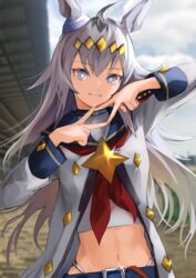  absurdres ahoge animal_ears belt closed_mouth cloud coat crop_top day diamond_hands female glint grey_eyes grey_hair hands_up highres horse_ears long_hair long_sleeves looking_at_viewer midriff moffumoto multicolored_hair navel necktie oguri_cap_(umamusume) outdoors red_necktie sailor_collar smile solo two-tone_hair umamusume upper_body white_coat 