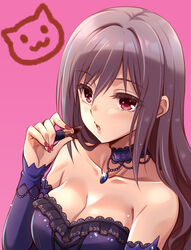  :3 :o alternate_hairstyle bare_shoulders black_hair black_lips blue_gemstone blush breasts choker cleavage collarbone cosmetics detached_sleeves dress female fingernails gem glint hair_down holding holding_lipstick_tube idolmaster idolmaster_cinderella_girls jewelry kanzaki_ranko lipstick lipstick_tube long_fingernails long_hair long_sleeves makeup medium_breasts nail_polish necklace open_mouth pink_background pink_eyes pink_nails purple_choker purple_dress simple_background solo strapless strapless_dress upper_body uraichishi 