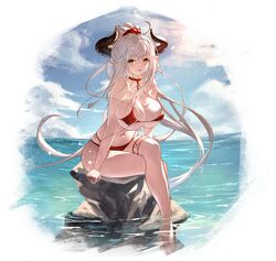  absurdres aliza_(granblue_fantasy) bikini blue_sky breasts brown_eyes cloud draph female granblue_fantasy grey_hair hair_ornament hair_pulled_back hair_scrunchie highres horns large_breasts long_hair ocean pointy_ears red_bikini red_scrunchie rock scrunchie sitting sitting_on_rock sky swimsuit thigh_strap yu_pian 