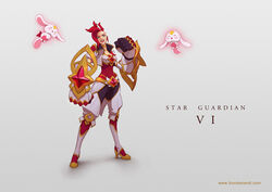  alternate_costume black_pants blue_eyes breasts character_name cleavage english_commentary female full_body gauntlets grey_background grin high_heels large_breasts league_of_legends looking_at_viewer medium_hair mohawk pants punk red_hair red_shirt shirt simple_background smile solo standing star_guardian_(league_of_legends) star_guardian_pet teeth thorsten_erdt vi_(league_of_legends) web_address white_hair 