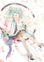  aqua_eyes aqua_flower aqua_hair aqua_neckwear aqua_ribbon aqua_rose bird black_skirt blue_hair braid cable cape commentary detached_sleeves dove feathers female flower frilled_sleeves frills full_body glowing_bird gradient_hair green_flower green_rose grey_rose hair_flower hair_ornament hair_tie hatsune_miku high_heels highres holding holding_microphone looking_at_viewer magical_mirai_(vocaloid) medallion microphone microphone_cord multicolored_hair neck_ribbon open_mouth orange_flower orange_rose pleated_skirt purple_flower purple_hair purple_rose rainbow red_flower red_rose ribbon rose shirt sitting skirt smile solo twin_braids twintails vocaloid w.r.b white_bird white_feathers white_flower white_rose white_shirt yellow_flower yellow_rose 