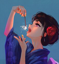  blue_background commentary female fireworks flower hair_flower hair_ornament highres japanese_clothes kimono kunitarou-art open_mouth original profile purple_eyes red_flower simple_background solo sparkler tongue tongue_out upper_body yellow_nails 