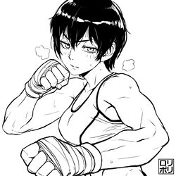  breasts cleavage clenched_hands commentary dated_commentary english_commentary female fighting_stance greyscale hair_between_eyes hand_wraps heavy_breathing high_contrast highres inktober jamrolypoly monochrome muscular muscular_female saotome_senshu_hita_kakusu saotome_yae short_hair solo sports_bra sweat watermark 