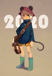  2020 androgynous animal_ears aqua_eyes aqua_footwear bag boots brown_background chinese_zodiac female hat highres kunitarou-art long_sleeves looking_at_viewer mouse_ears mouse_tail original red_hat short_hair shorts shoulder_bag solo tail white_hair year_of_the_rat yellow_shorts 