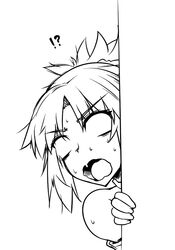  !? around_corner blank_eyes commentary fate/grand_order fate_(series) female greyscale monochrome mordred_(fate) mordred_(fate/apocrypha) nervous_sweating open_mouth peeking_out simple_background surprised sweat takuteks wavy_mouth white_background 