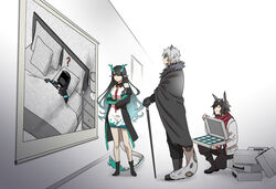  2boys ? ^_^ animal_ears arknights bare_shoulders black_cape black_coat black_footwear black_hair black_pants boots briefcase cane cape closed_eyes coat courier_(arknights) doctor_(arknights) dress dusk_(arknights) female fur-trimmed_cape fur_trim grey_hair horns leopard_boy leopard_ears leopard_tail long_hair lungmen_dollar mina_(o414) multiple_boys necktie off_shoulder open_clothes open_coat pants pencil_dress planted red_necktie red_scarf scarf short_dress short_hair silverash_(arknights) smile standing tail very_long_hair white_dress 