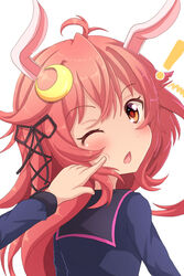  ! ahoge animal_ears black_ribbon black_sailor_collar blue_shirt blush cheek_poking chestnut_mouth commentary_request crescent crescent_hair_ornament female hair_ornament hair_ribbon kantai_collection long_hair long_sleeves looking_at_viewer looking_back one_eye_closed open_mouth out_of_frame poking rabbit_ears red_eyes red_hair ribbon sailor_collar school_uniform serafuku shirt sills simple_background solo_focus upper_body uzuki_(kancolle) white_background 